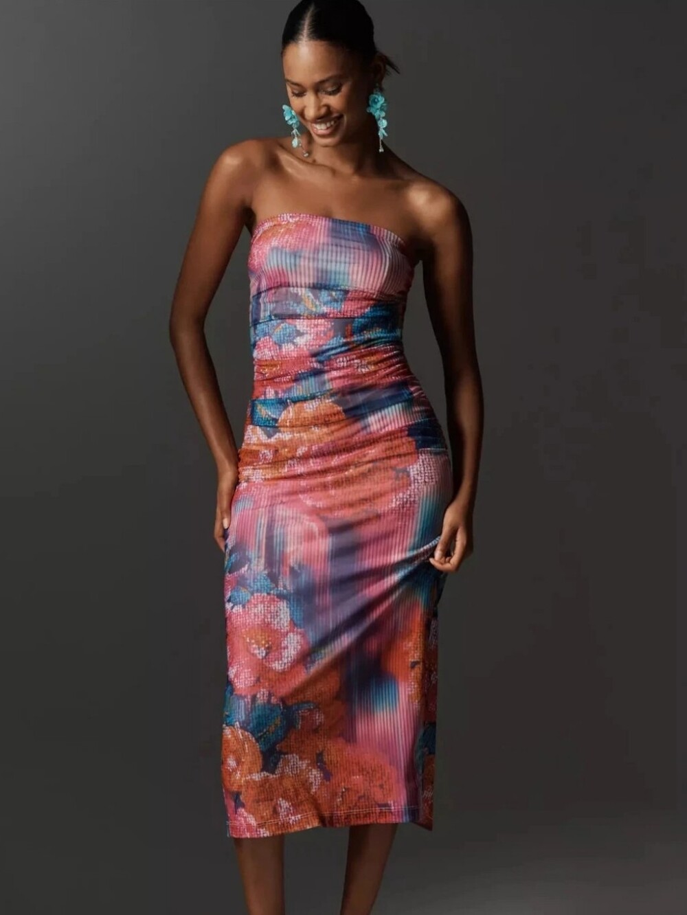 NWT Anthropologie The Soleil Slim Strapless Ruched Mesh Dress Midi Floral SM